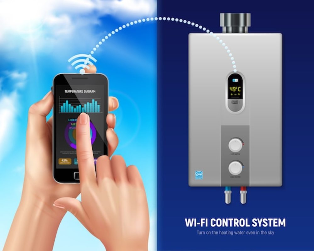 彩色逼真热水器智能插图智能手机和智能家居中带wifi的热水器
